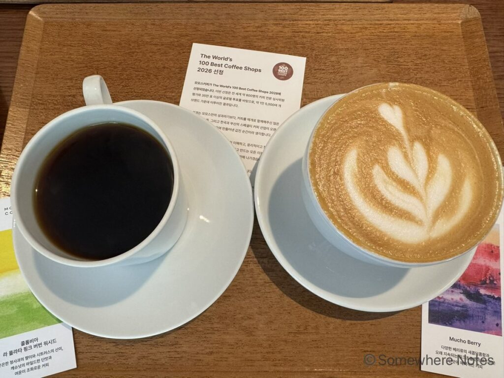 木のトレイの上に置かれた2杯の白いコーヒーカップ。左側にはブラックのドリップコーヒー、右側にはリーフ柄の美しいラテアートが描かれたカフェラテがある。カップの周りには「The World's 100 Best Coffee Shops 2026」に選出されたことを知らせるカードと、それぞれのコーヒー豆の味わい（Mucho Berryなど）が書かれた2枚のカラフルな説明カードが添えられている。