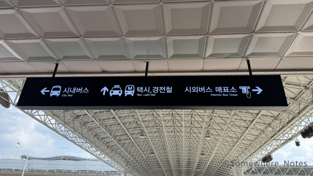 空港の通路の天井から吊り下げられた黒い案内標識。左方向の矢印で「市内バス」、直進方向の矢印で「タクシー、軽電鉄」、右方向の矢印で「市外バスチケット売り場」と、それぞれ韓国語と英語、およびアイコンで表記されている。